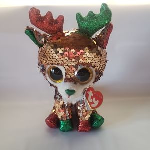 TY Christmas Flippables Sequin 6" TEGAN the Reindeer Beanie Baby Plush